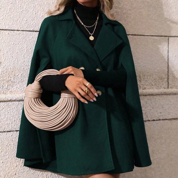 Dark Green Elegant Women's Double-Breasted Mid-Length Cape - Picture 6 of 7
